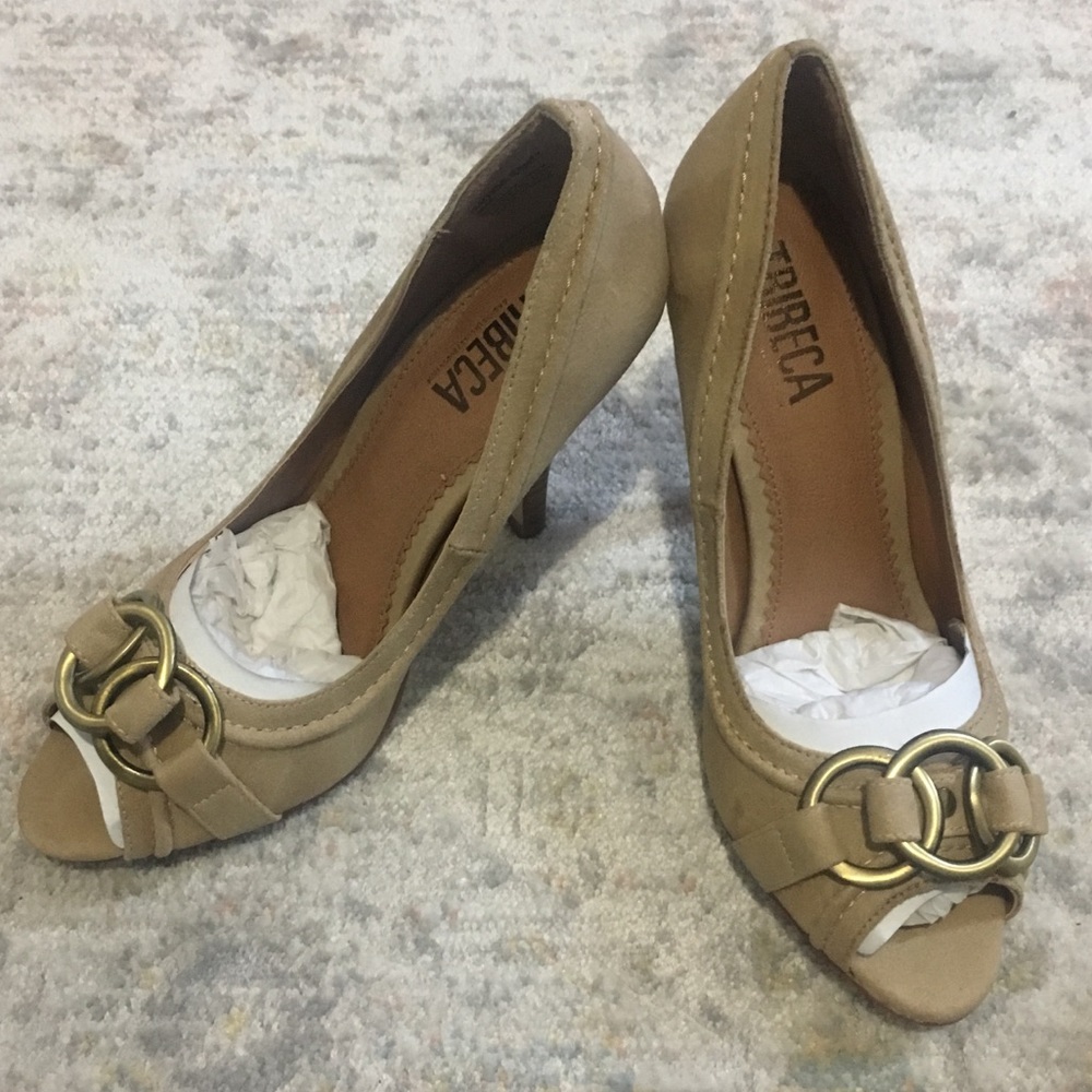 Tribeca tan suede peep toe heels - never worn!